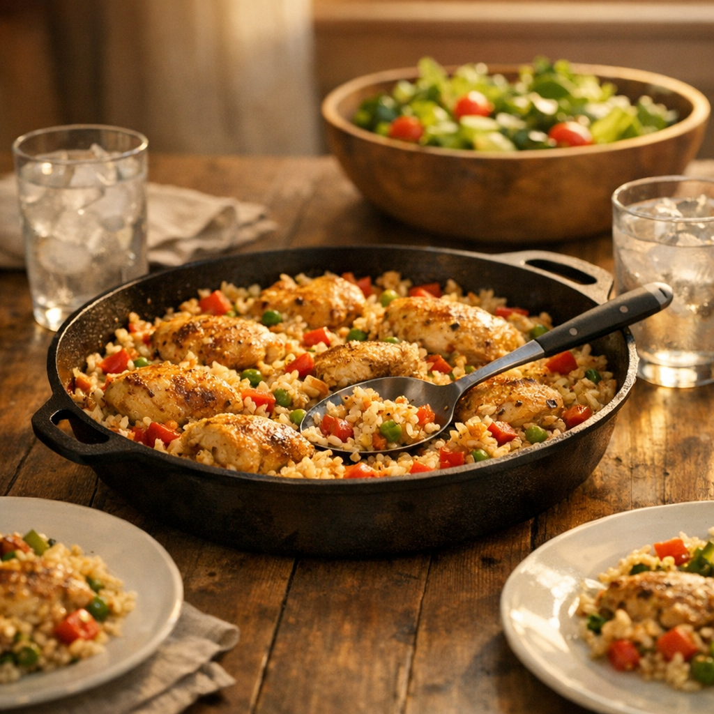 Easy Chicken and Rice Skillet Dinner (One Pan) finished dish