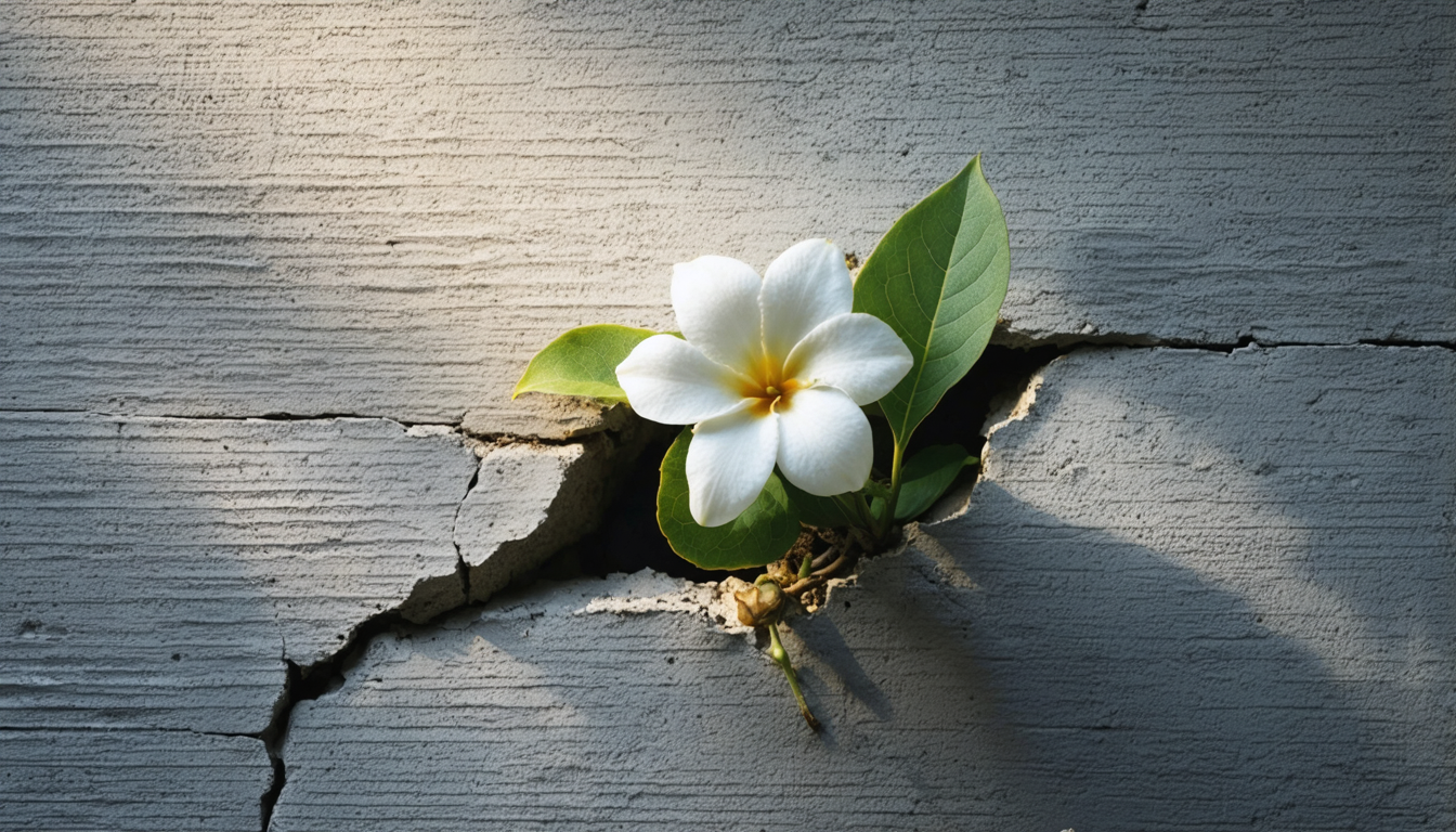 A single jasmine flower growing through a cracked concrete wall in morning light.