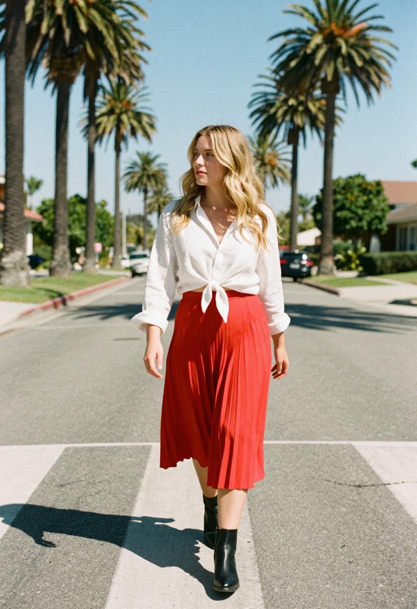 Cherry red pleated midi skirt with cropped linen shirt on sun-soaked crosswalk