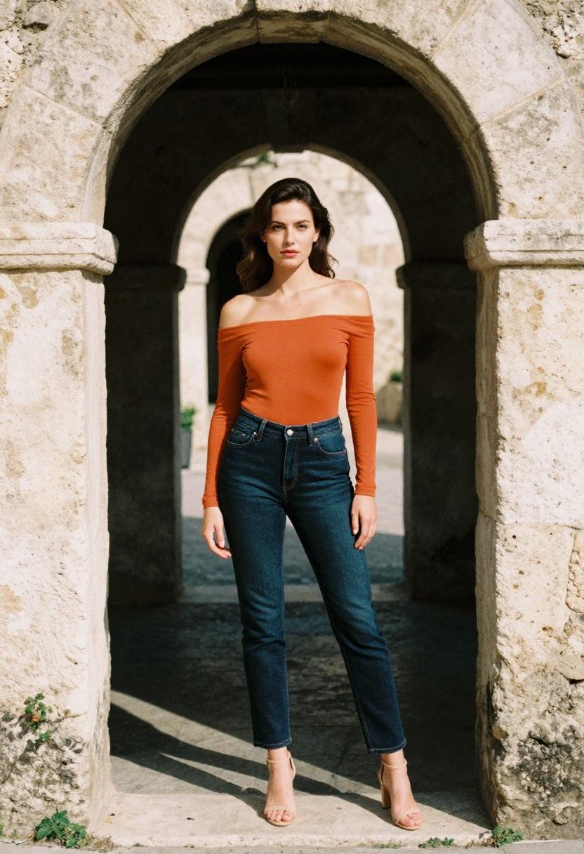 Burnt-orange off-shoulder bodysuit with dark indigo jeans Mediterranean style
