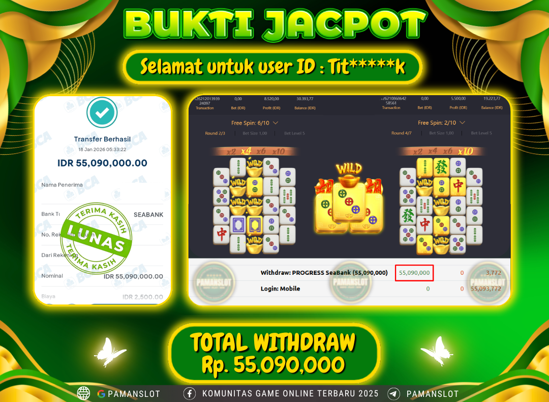 PAMANSLOT JACKPOT Game PG - Mahjong Ways Rp.55,090,000- LUNAS