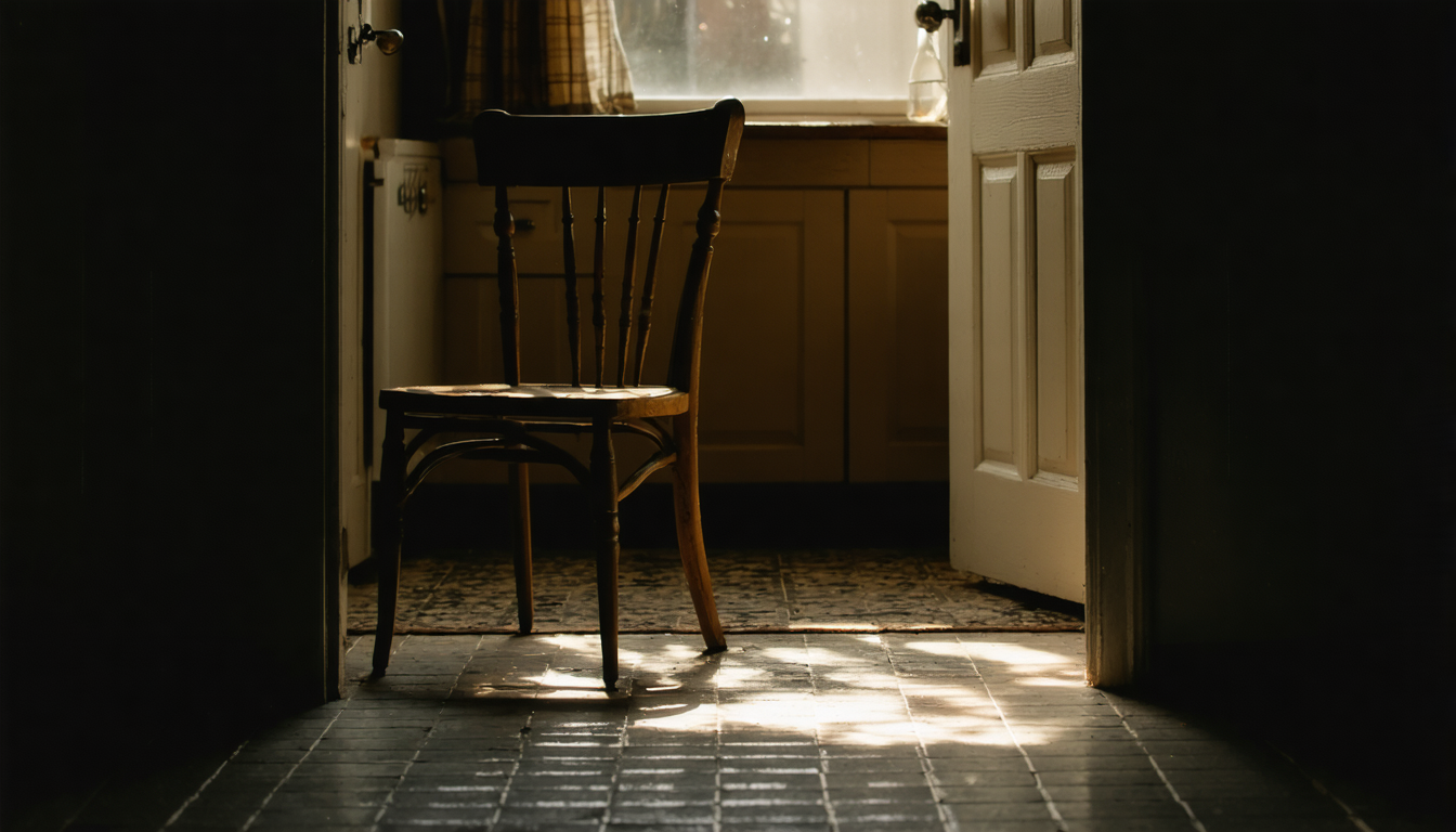 A kitchen chair waiting under a bare bulb, already conscripted into someone else's narrative.