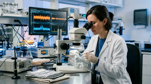 Scientist examining silver-threaded EMF shielding fabric in modern laboratory, clinical investigative mood
