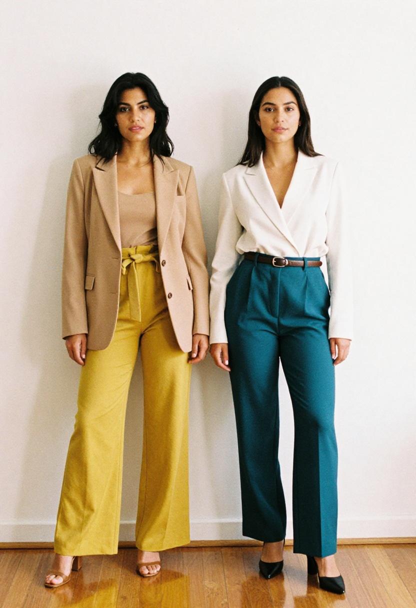 Mustard yellow and deep teal belted trouser looks styled for the modern professional woman who dresses with intention
