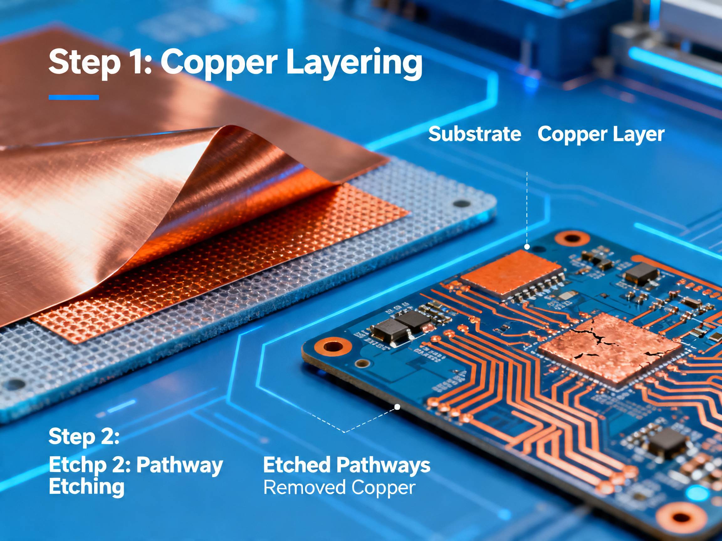 Copper cladding and etching process for PCBs.