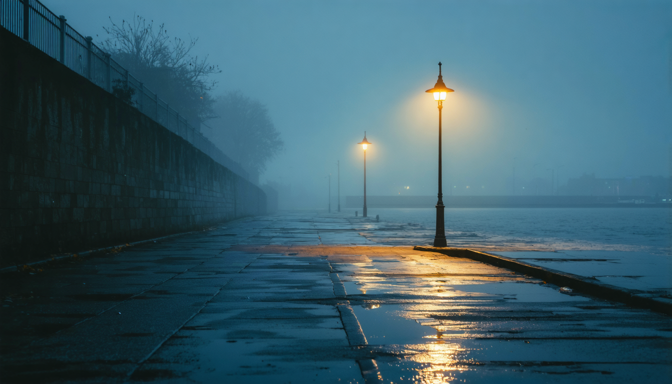 A single streetlight illuminating empty wet pavement at four in the morning, no people visible.