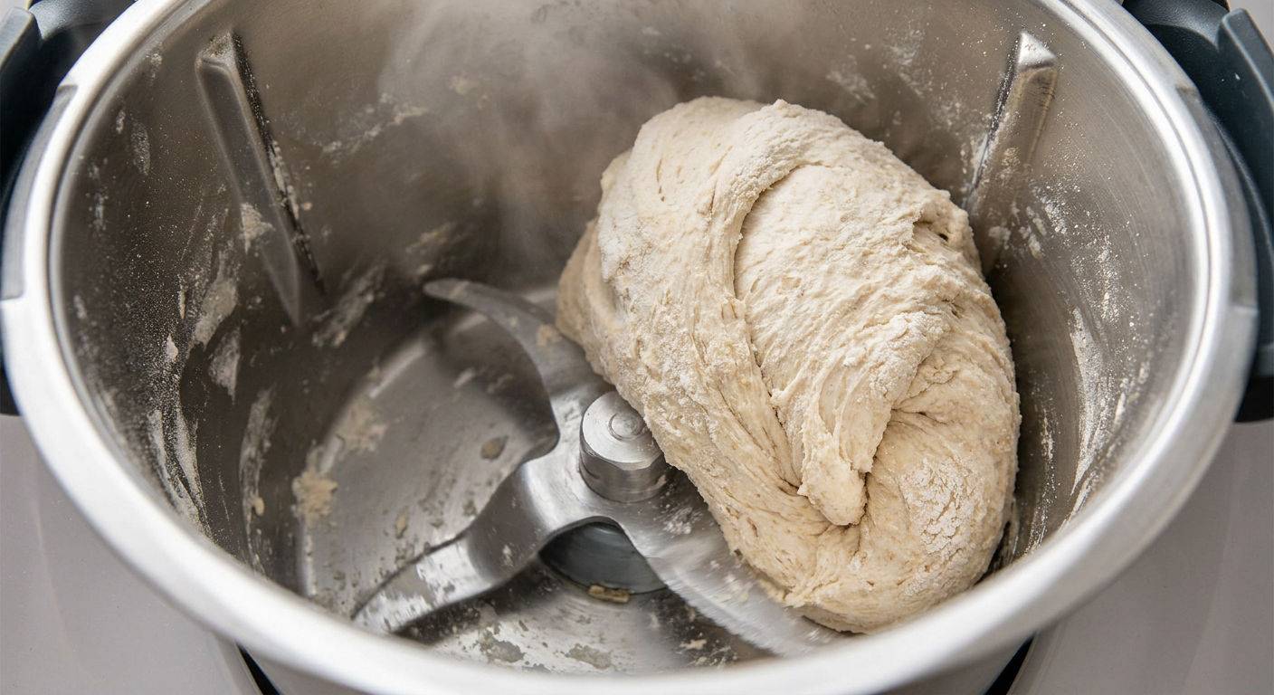 Zblizenie na thermomix wyrabiajacy ciasto chlebowe.
