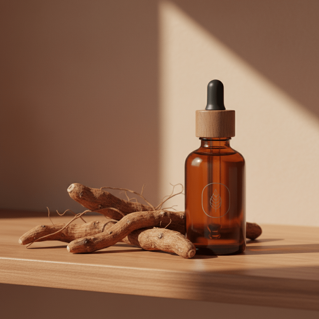Ashwagandha roots and infused oil bottle on a clean wellness shelf
