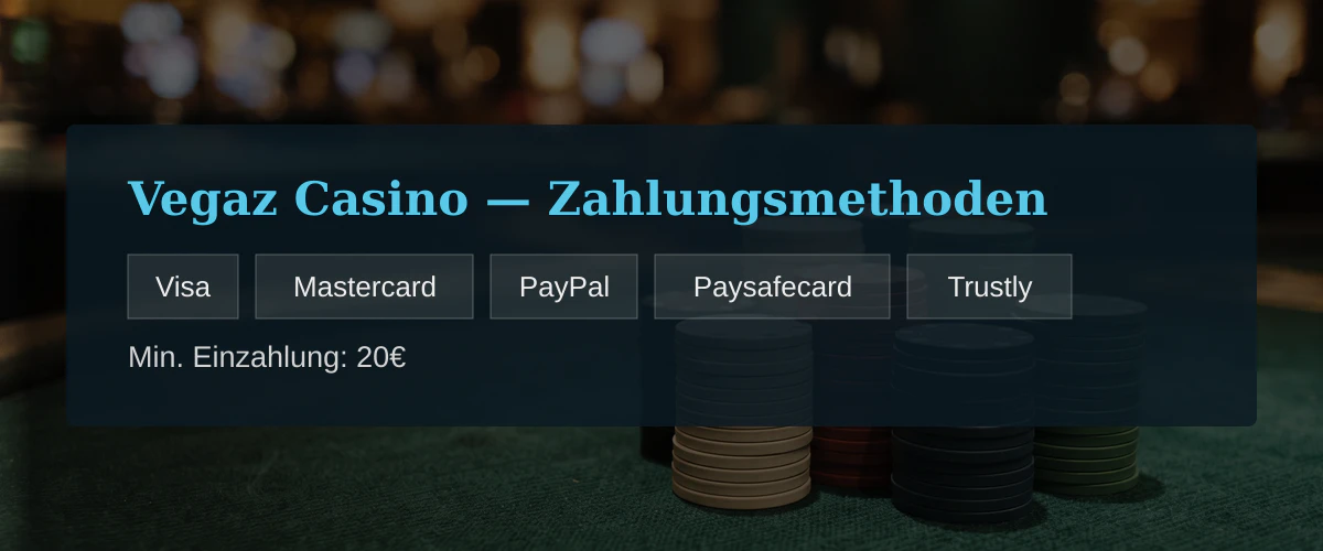 Vegaz Casino — Zahlungsmethoden: Visa, Mastercard, PayPal, Paysafecard, Trustly