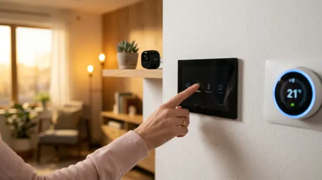 Hand touching smart home wall panel with connected devices softly glowing in warm modern living room