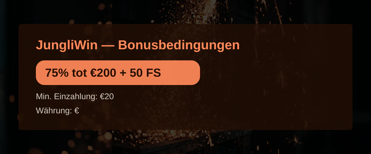 JungliWin — Bonusbedingungen: 75% tot €200 + 50 FS