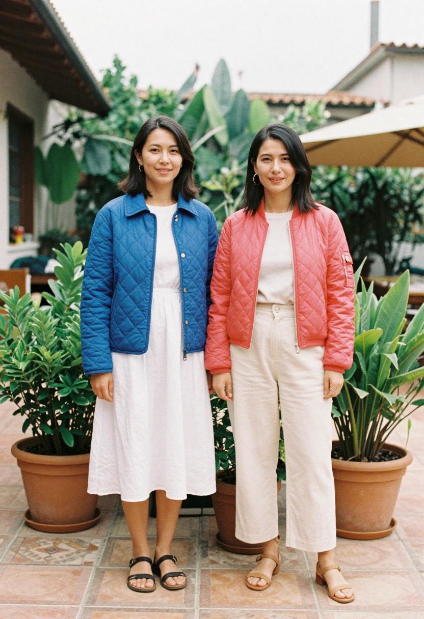 Two friends in cobalt and coral quilted jackets on a sunny patio showing colorful transitional layering