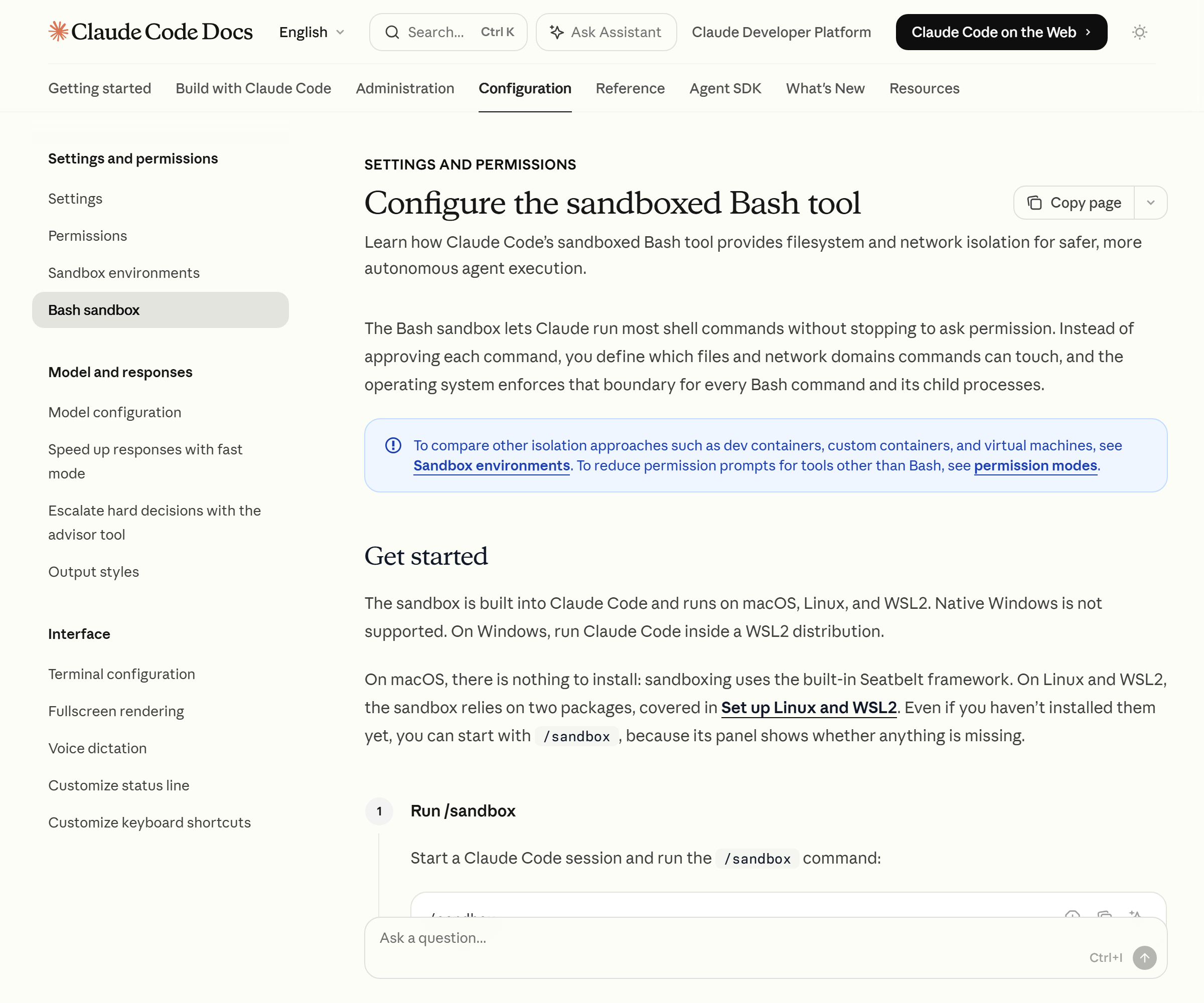 Claude Code official docs — Sandbox overview page (Source: Claude Code official docs)