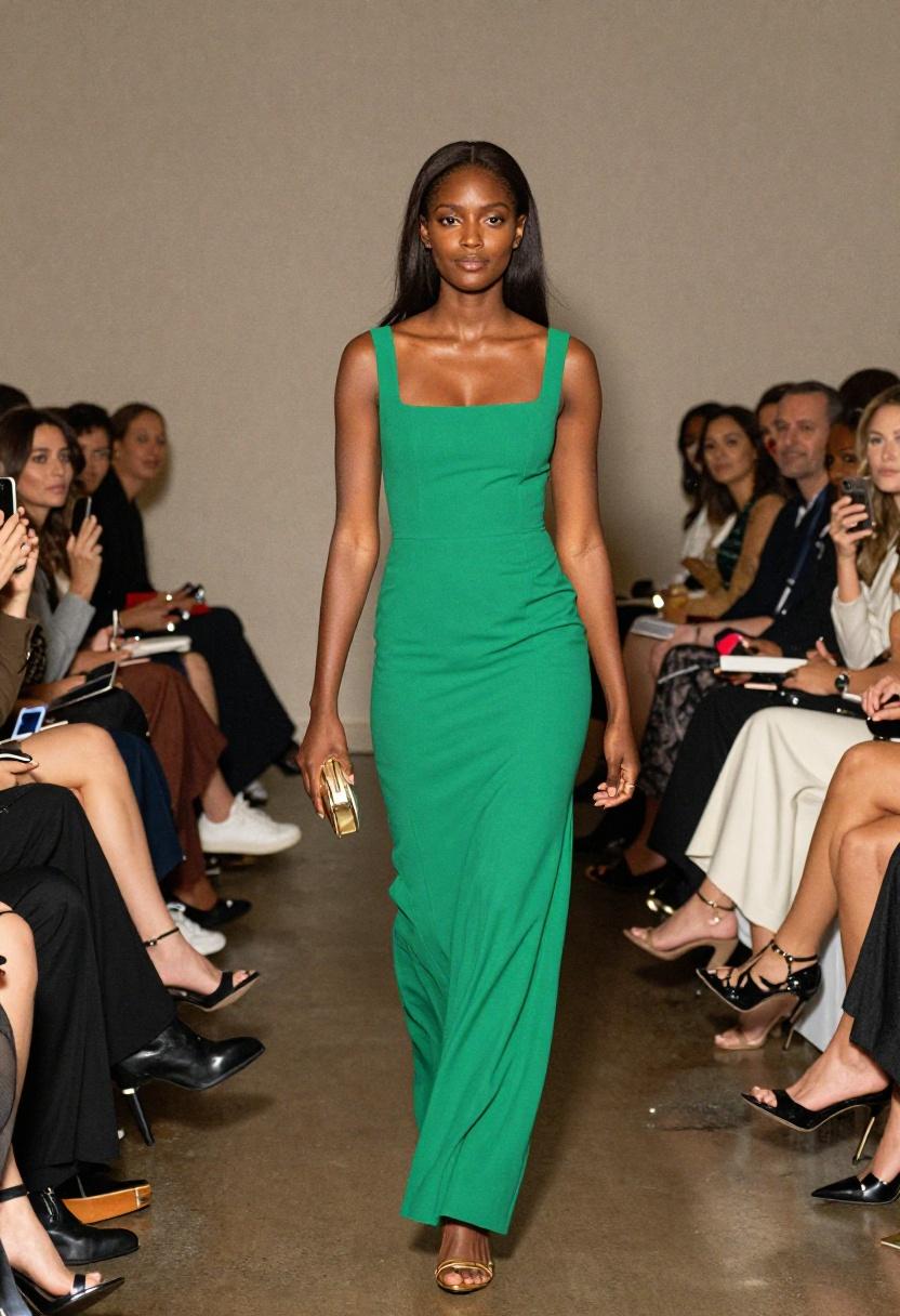Sleek emerald green column gown on charity gala runway