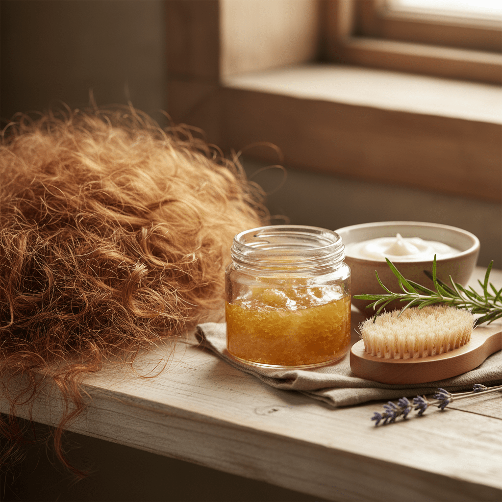 Dry hair and beeswax hair care setup