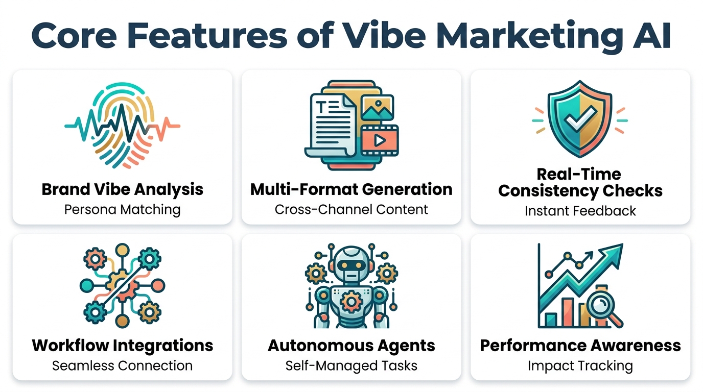 Six-feature icon grid infographic titled 'Core Features of Vibe Marketing AI' displaying Brand Vibe Analysis, Multi-Format Generation, Real-Time Consistency Checks, Workflow Integrations, Autonomous Agents, and Performance Awareness — icons and headers in #274059