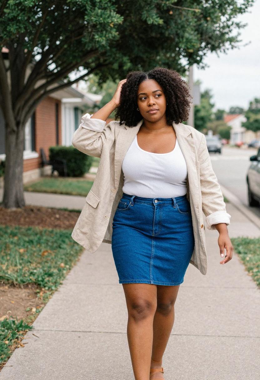 Plus size woman in cobalt denim mini skirt with breezy linen blazer for coastal spring confidence