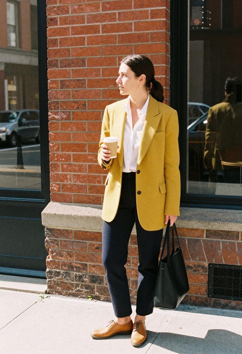 Mustard yellow blazer with navy trousers making a statement on the city sidewalk