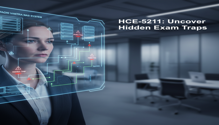 HCE-5211: Uncover Hidden Exam Traps A professional studying a complex holographic schematic of Hitachi Vantara NAS systems, with highlighted red areas indicating hidden exam traps for the HCE-5211 certification, and a clear green path for successful preparation.