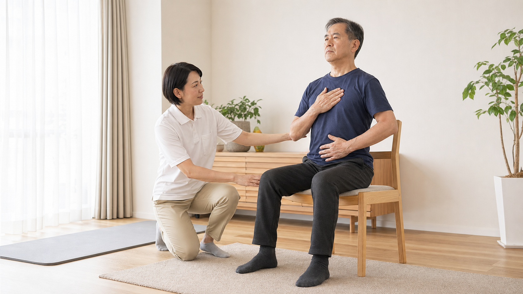 脳卒中後に座位で呼吸と体幹を意識するピラティス練習