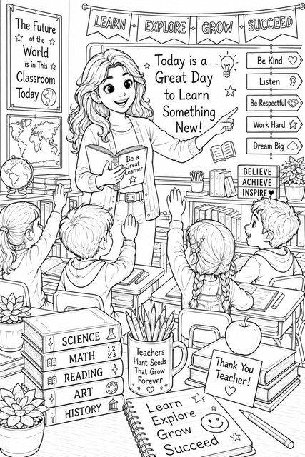 Printable Happy Classroom Learning colouring page for kids