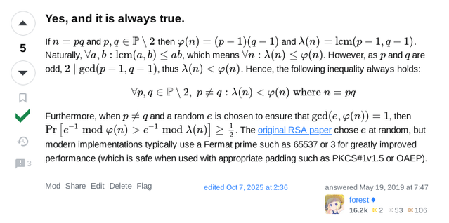 Is φ(n) generally larger than λ(n) for the same n?