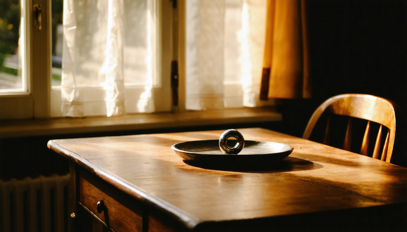 A steel ball bearing resting on a metal plate on a wooden desk in dim early morning light, with a simple wooden chair visible behind it.