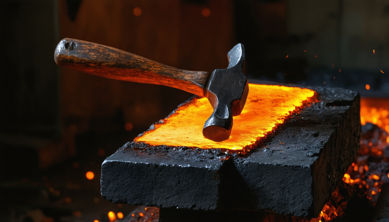 A blacksmith's hammer paused at the top of its swing above glowing steel on an anvil, the metal radiant and unattended.