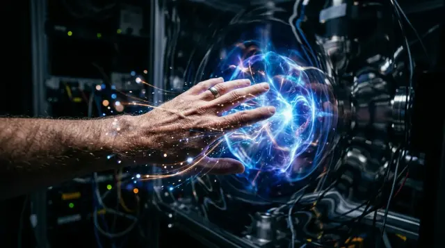 Hand reaching into glowing quantum energy field with particles passing through, mysterious dark laboratory atmosphere