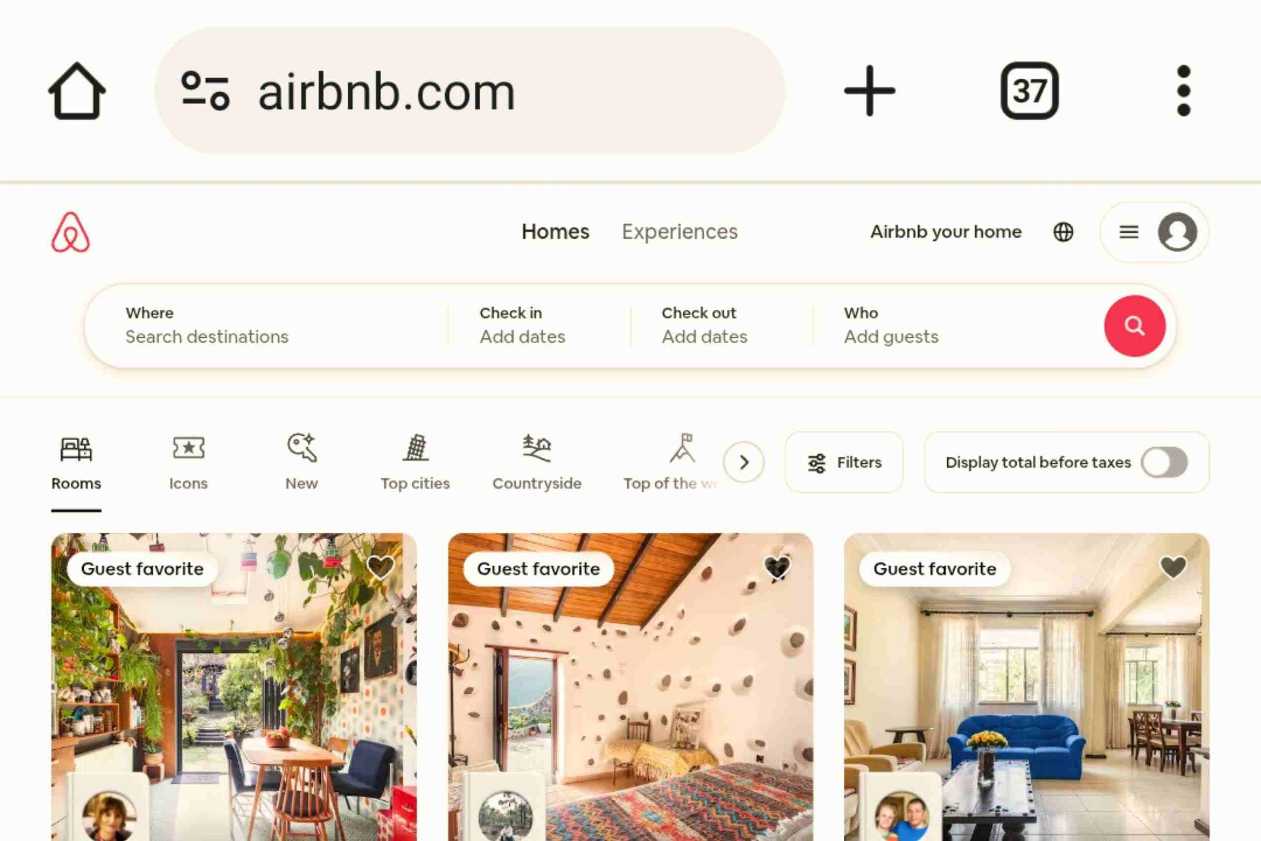 An image showing an Airbnb booking platform interface displaying property listings.