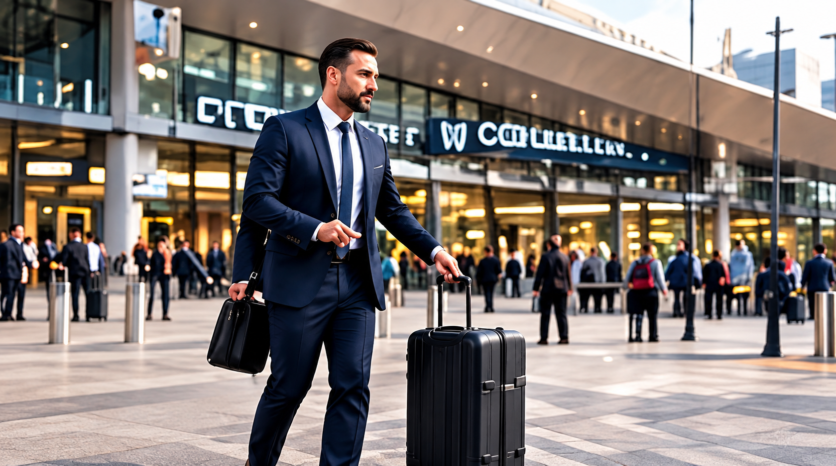 Zakelijke reiziger met rolkoffer voor Rotterdam Centraal
