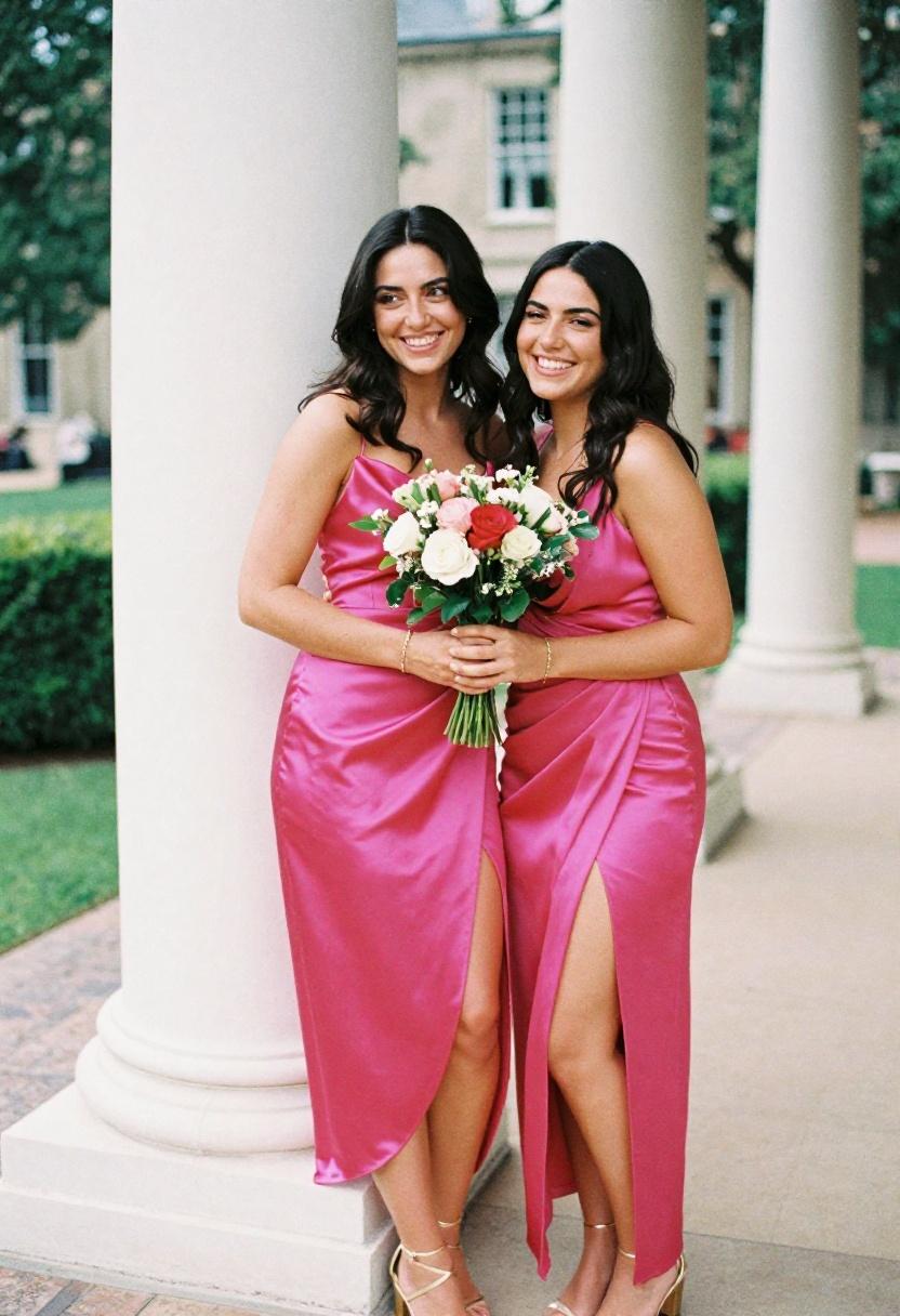 Bold fuchsia satin wrap gown glowing against the grandeur of a mansion garden on a joyful wedding day