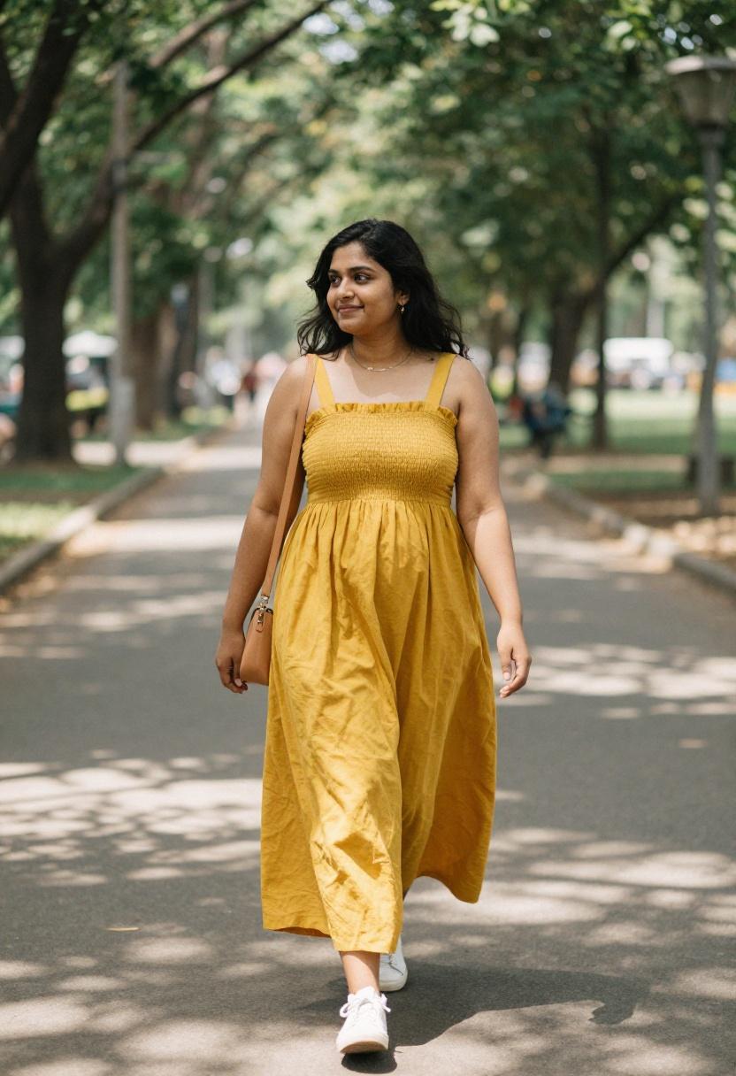 Mustard yellow linen smocked maxi dress with sneakers in a fall park setting