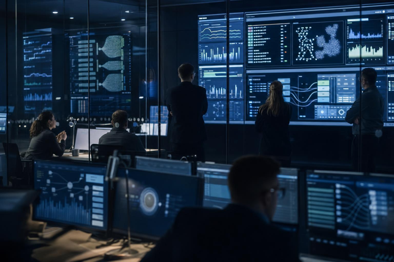 Frontier AI safety operations room with researchers, abstract evaluation dashboards and verification controls, editorial realistic photo