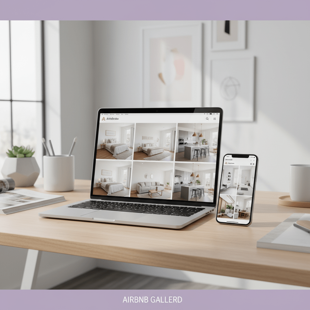 Well-ordered Airbnb photo gallery concept on laptop and smartphone in a bright workspace