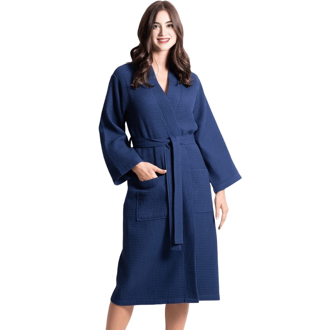 Women's Waffle Indigo Long Premium Cotton Blend Bathrobe (Small)