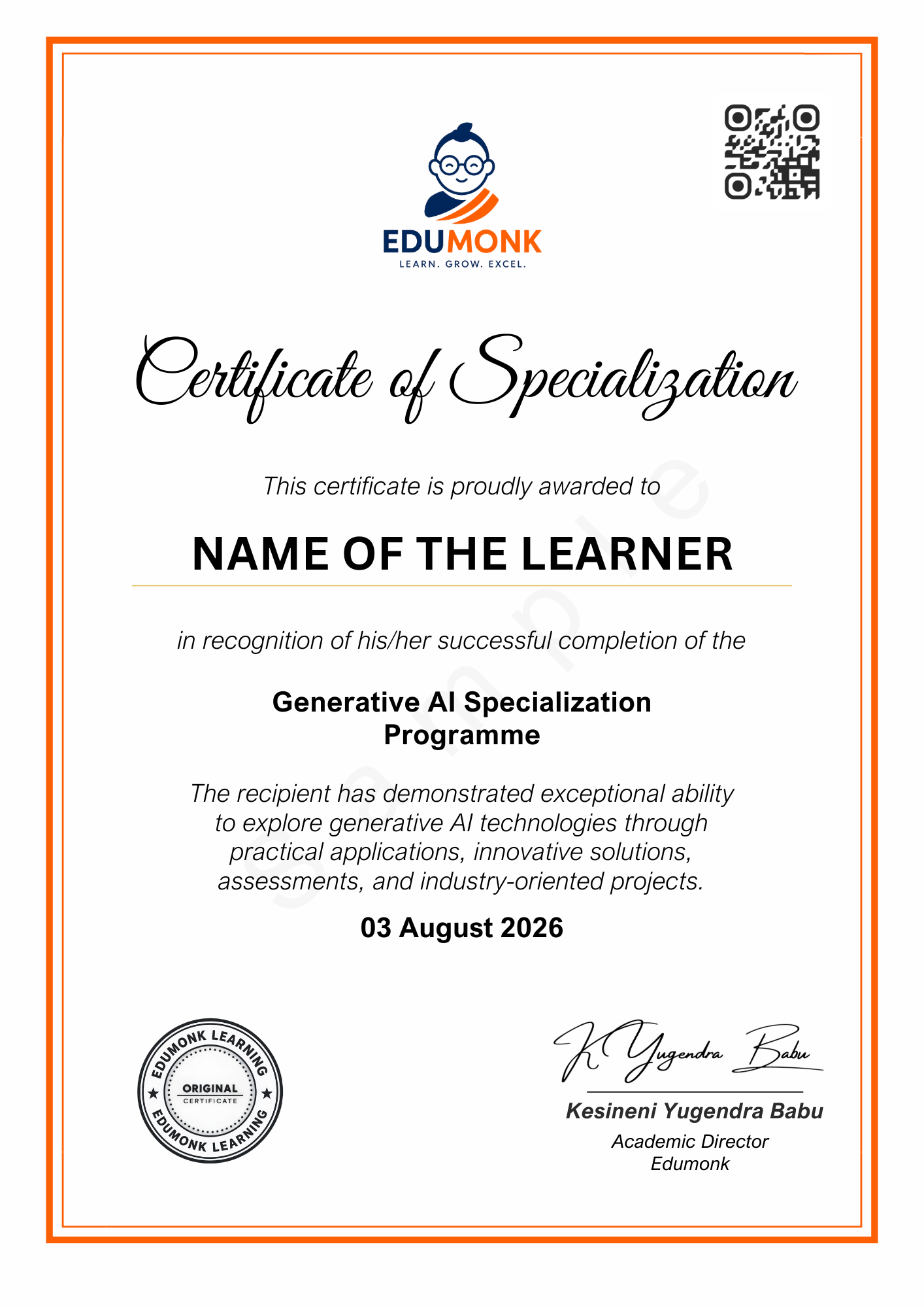 Sample EduMonk Generative AI Certificate of Specialisation showing the programme credential layout