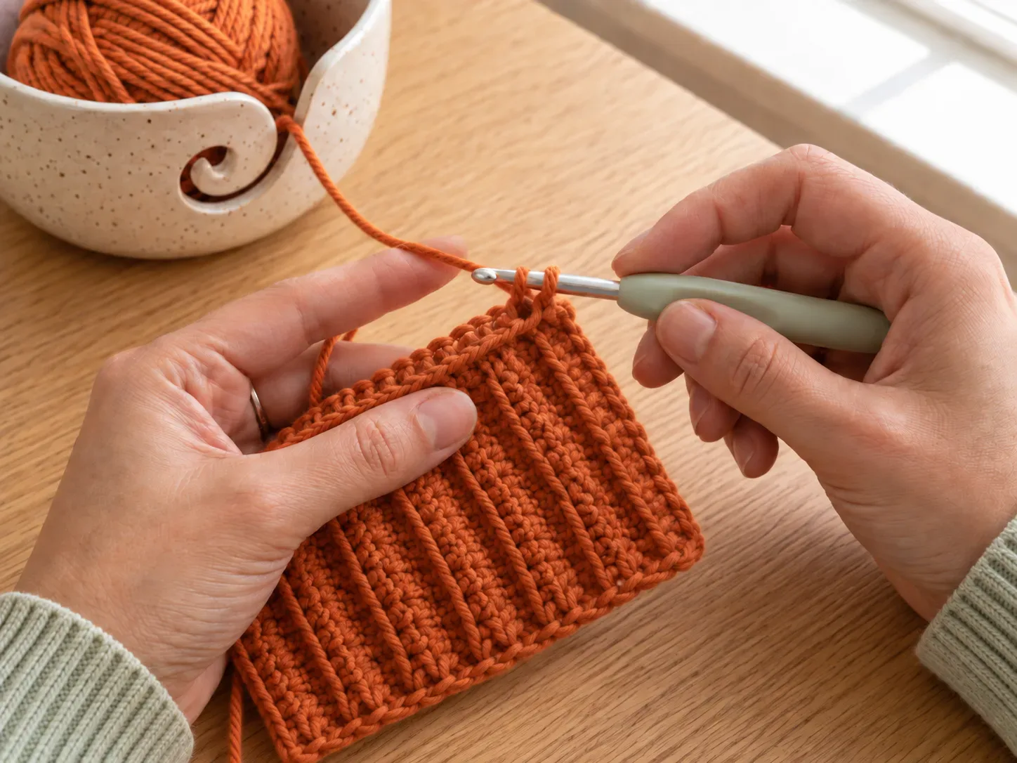 Finish the rectangle — Continue the ribbed rows until the rectangle wraps around into a pumpkin shape.
