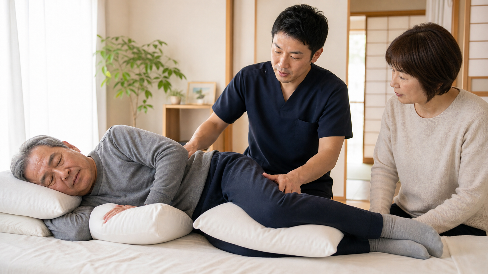 側臥位で枕を用いた良肢位・姿勢管理の例