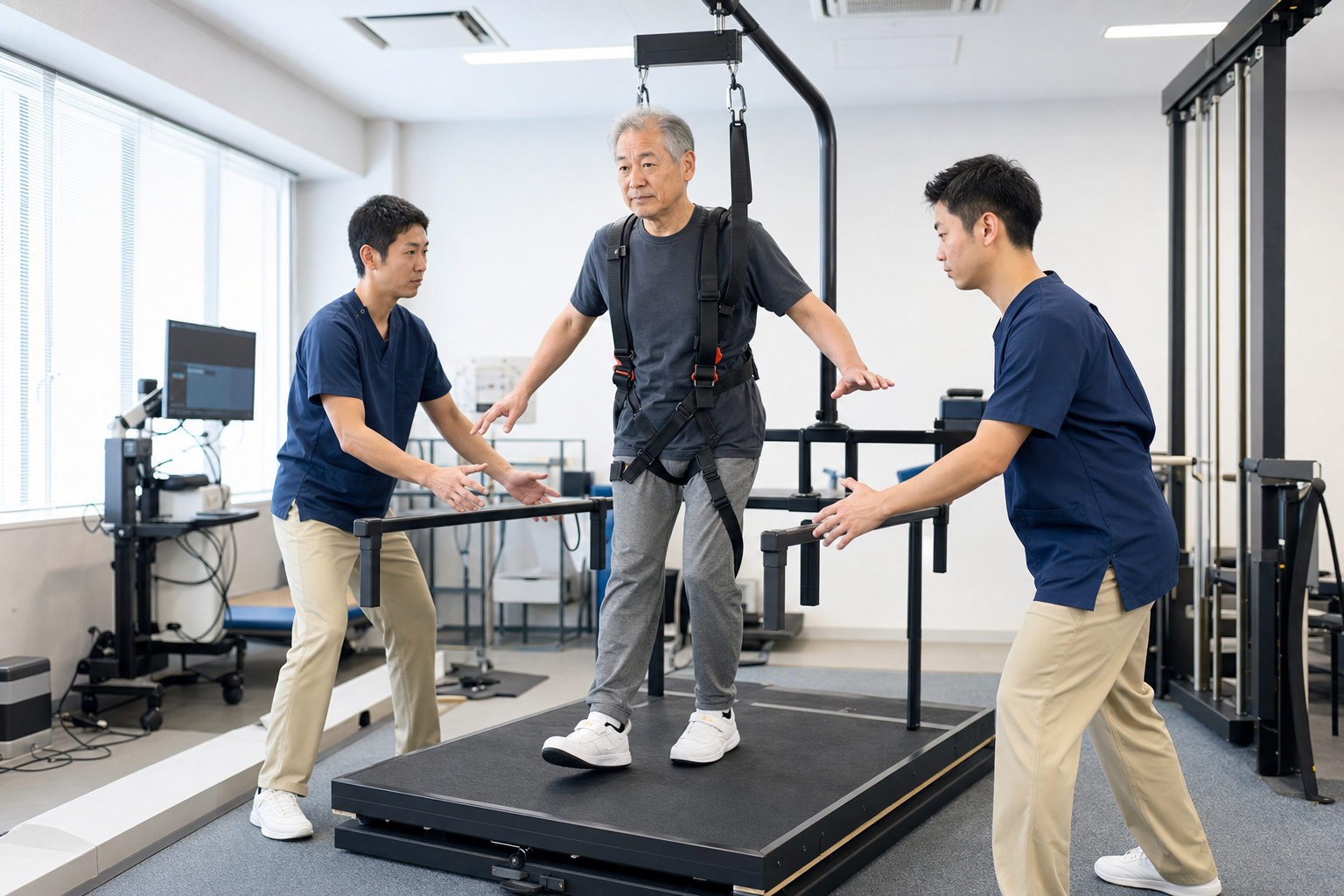 安全帯と専門職の見守りのもとで外乱バランス練習を行う様子