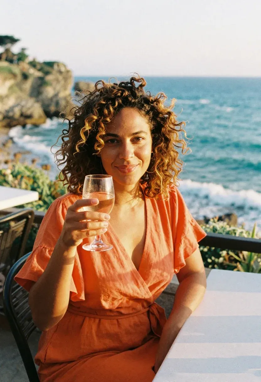 Petite woman in a tangerine orange linen wrap dress seated at an outdoor coastal cliffside table