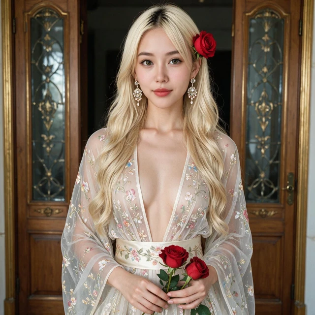 wearing a richly embroidered transparent sheer robe, standing in front of ornate wooden doors with glass panels. Long wavy hair with a red rose, intricate earrings, roses in hands. Outfit with floral embroidery and a sash.