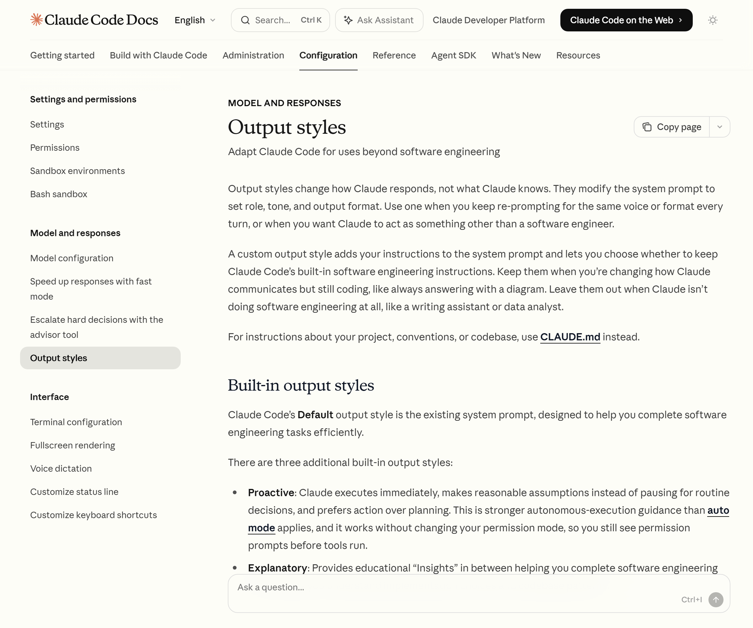 Claude Code official docs — the Output Styles introduction page (Source: Claude Code official docs)