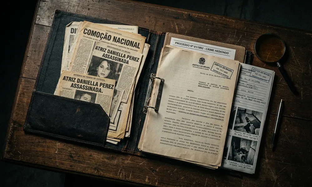 Dossiê arquivístico com recortes de jornal e documentos processuais
