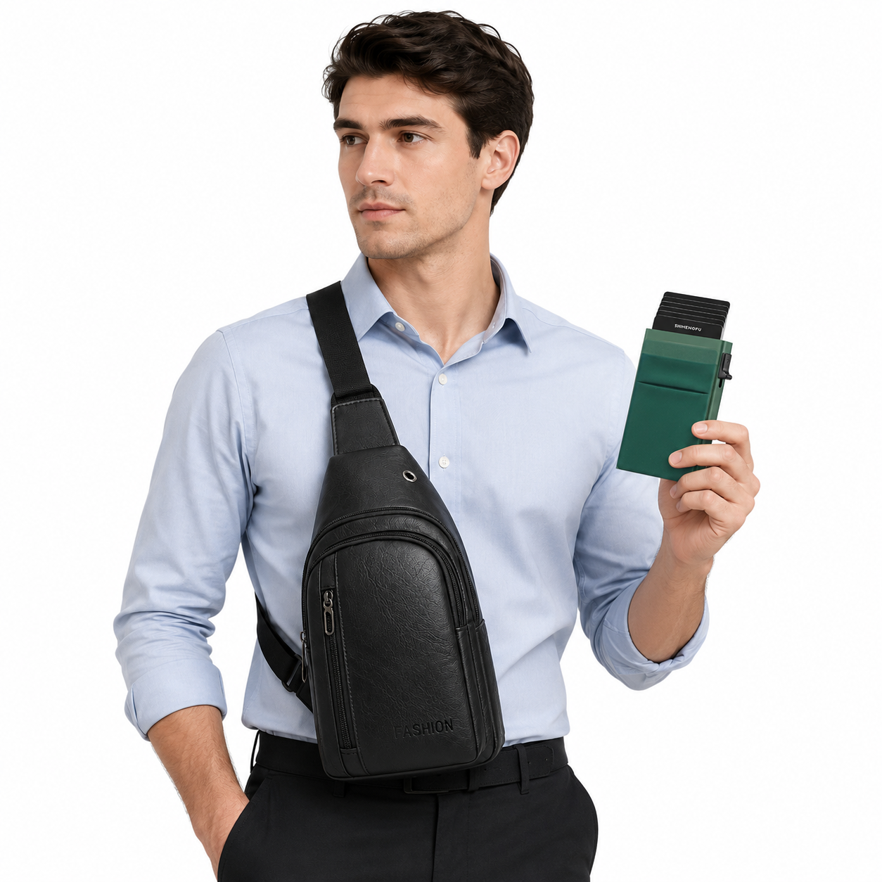 Office Commuter Business Set-Black Men's PU Leather Chest Bag and Green RFID Blocking Aluminum Wallet - Waterproof Crossbody Sling Bag with Multi Pocket Storage, Slim Pop Up Card Holder, Lightweight Travel & Daily Commute Essentials