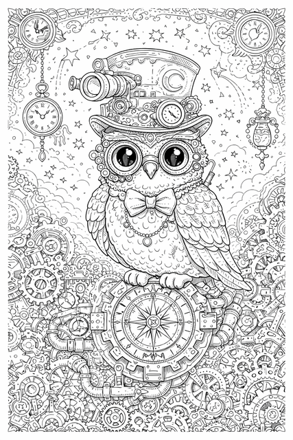 Steampunk Owl Inventor Colouring Sheet