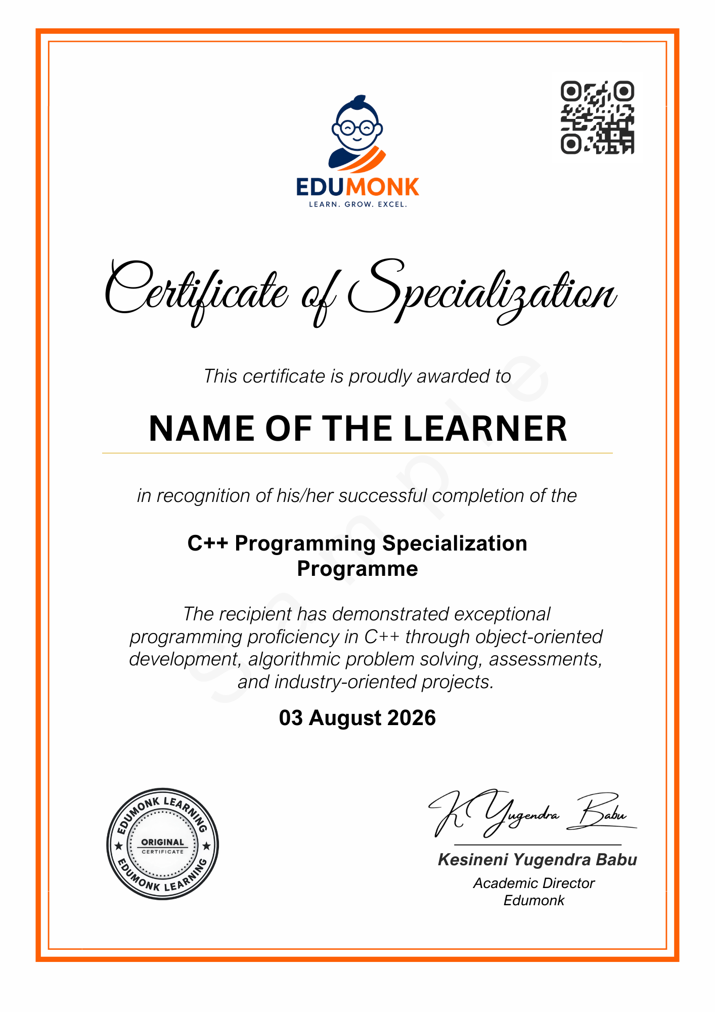 Sample EduMonk C++ Programming Certificate of Specialisation showing the programme credential layout