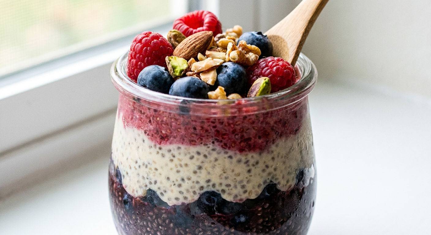 Pudding chia z owocami i orzechami.