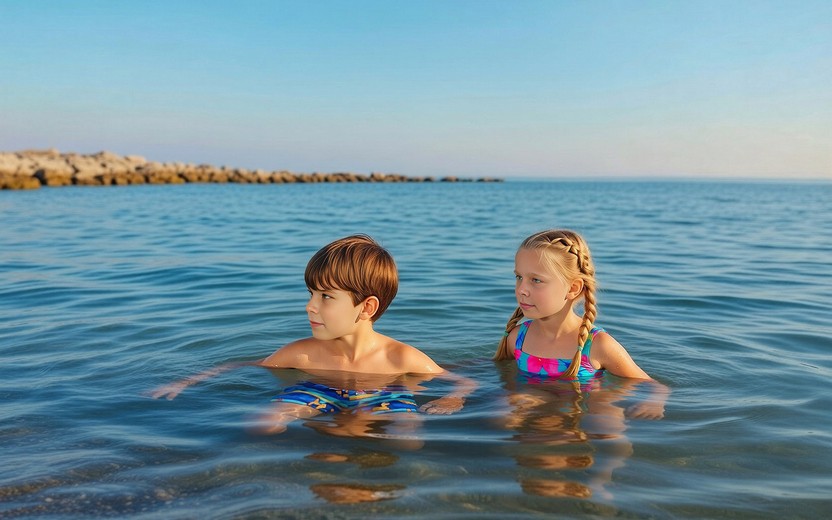 Друзі купаються в морі