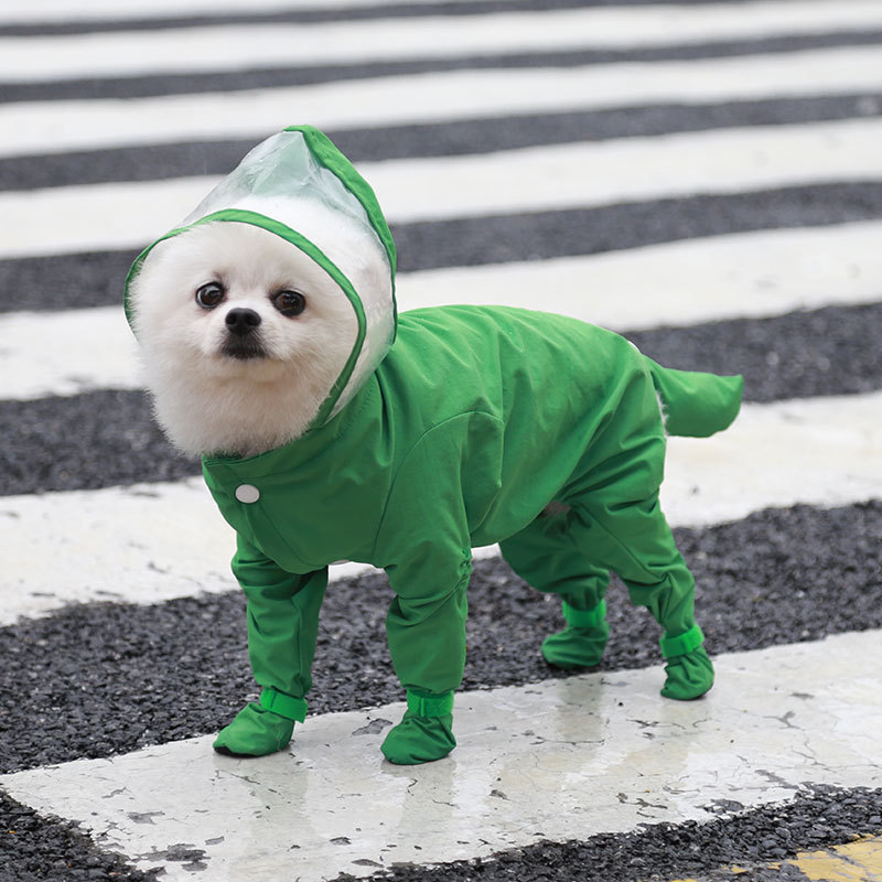 Green L size Full Coverage Pet Raincoat Jumpsuit Waterproof Dog Rain Suit with Attached Shoes and Tail Cover-Lightweight Hooded Dog Poncho for Small Dogs